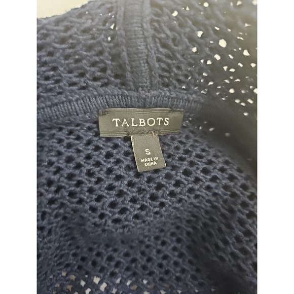 Talbots ~Woman Size S~ Navy Cardigan Crochet Hoodie Cotton Open Front Pockets. - Picture 7 of 9